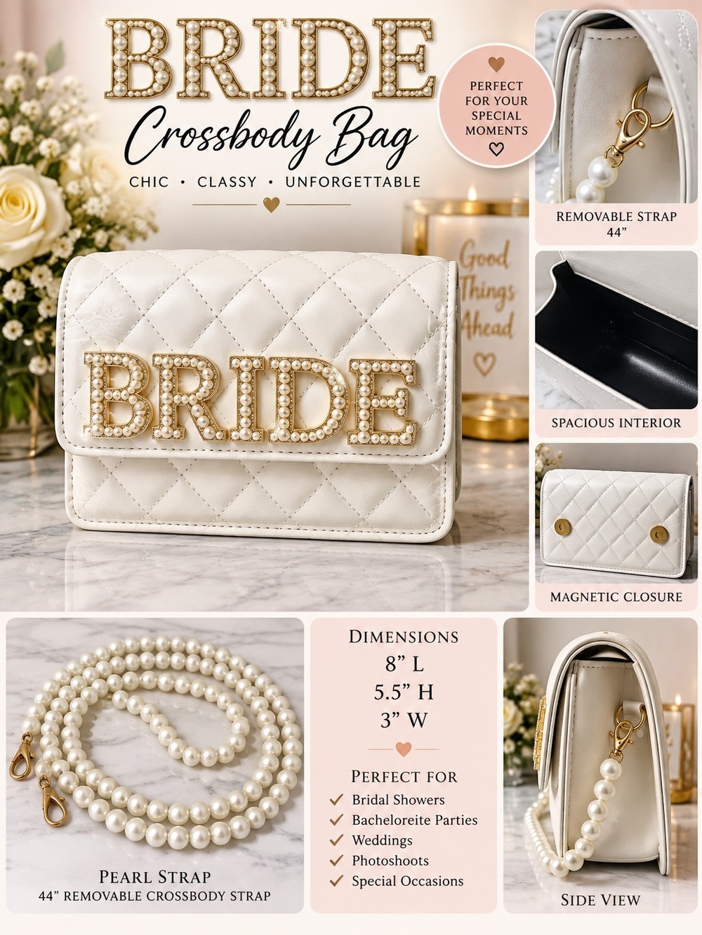 A135. Bride Pearl Quilted Crossbody Bag in White New